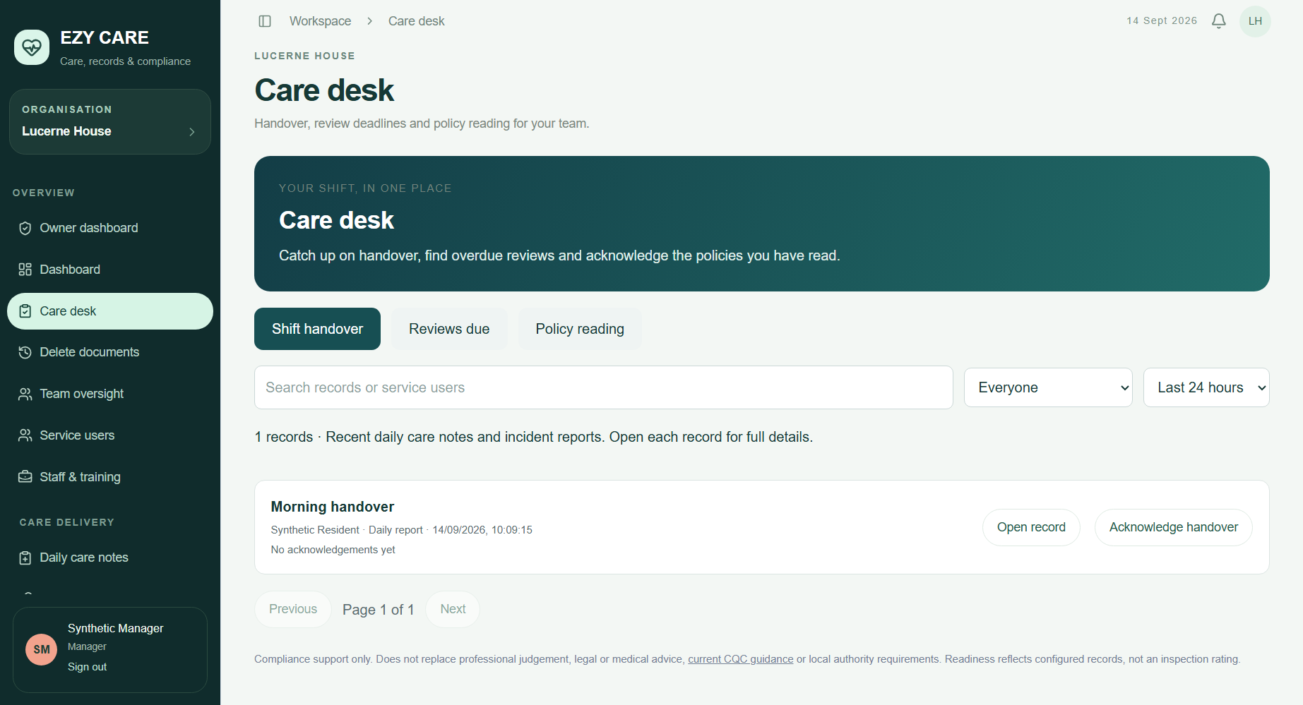 EZY CARE desktop handover screen with recent care notes and acknowledgement controls, using demonstration data